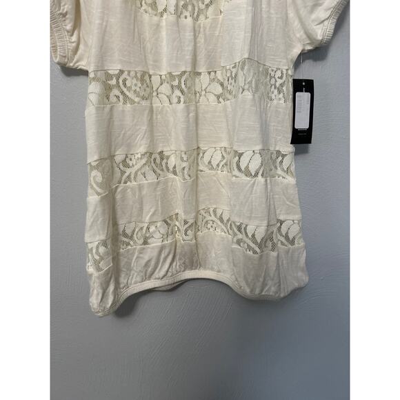 INC Ivory Cream Short Sleeve Sheer Lace Round Neck Elastic Hem Blouse Size Small - Picture 3 of 11